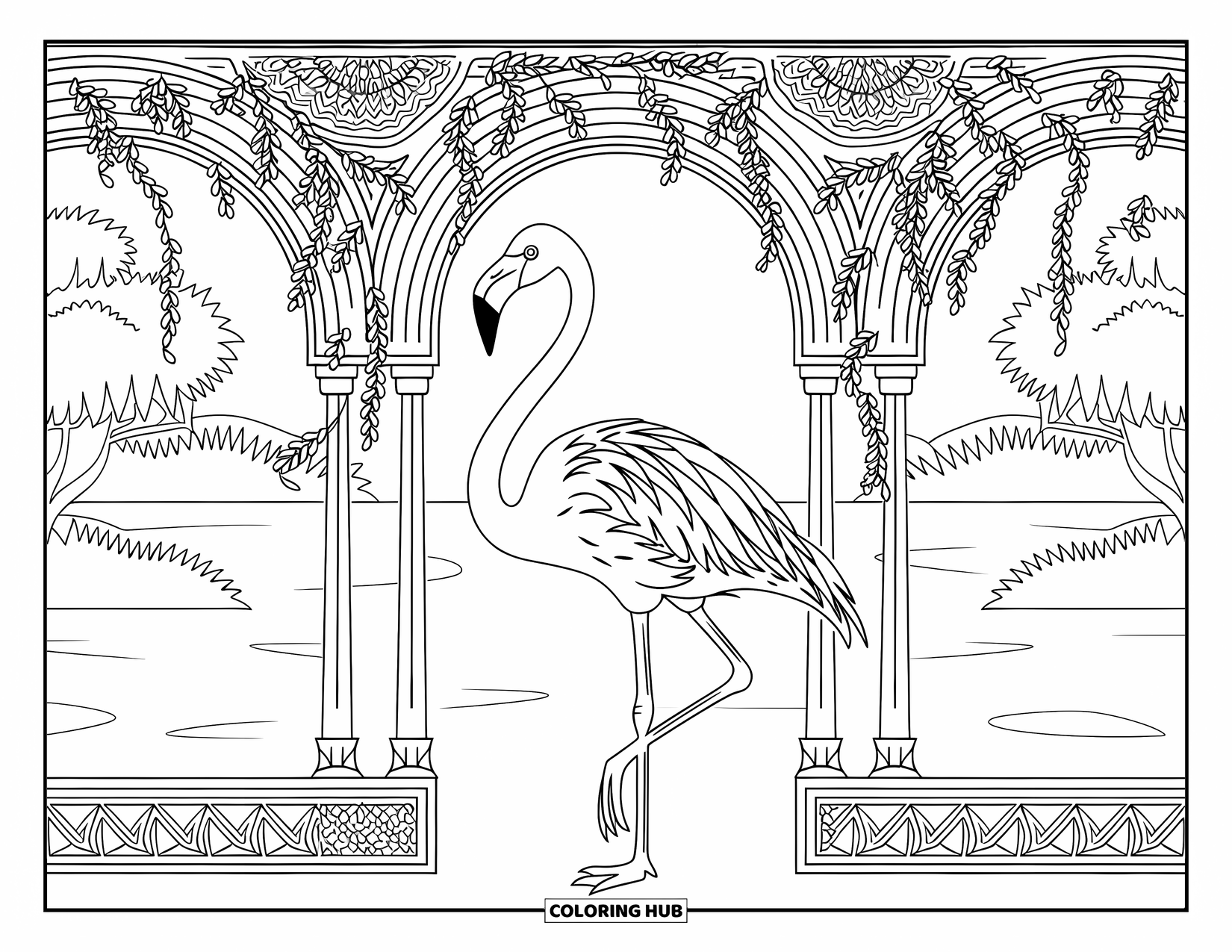 Desenho de flamingo para colorir para adultos: Um flamingo está graciosamente em frente a um arco ornamentado com videiras