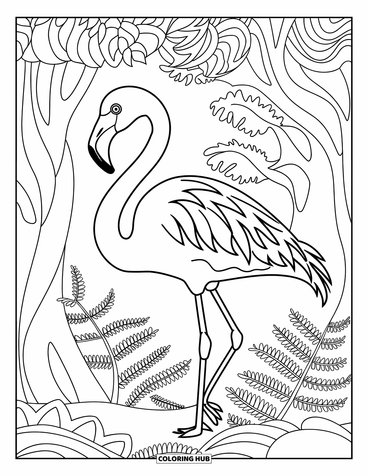 Desenho de flamingo para colorir para adultos: Um flamingo está em uma floresta cercada por árvores e samambaias