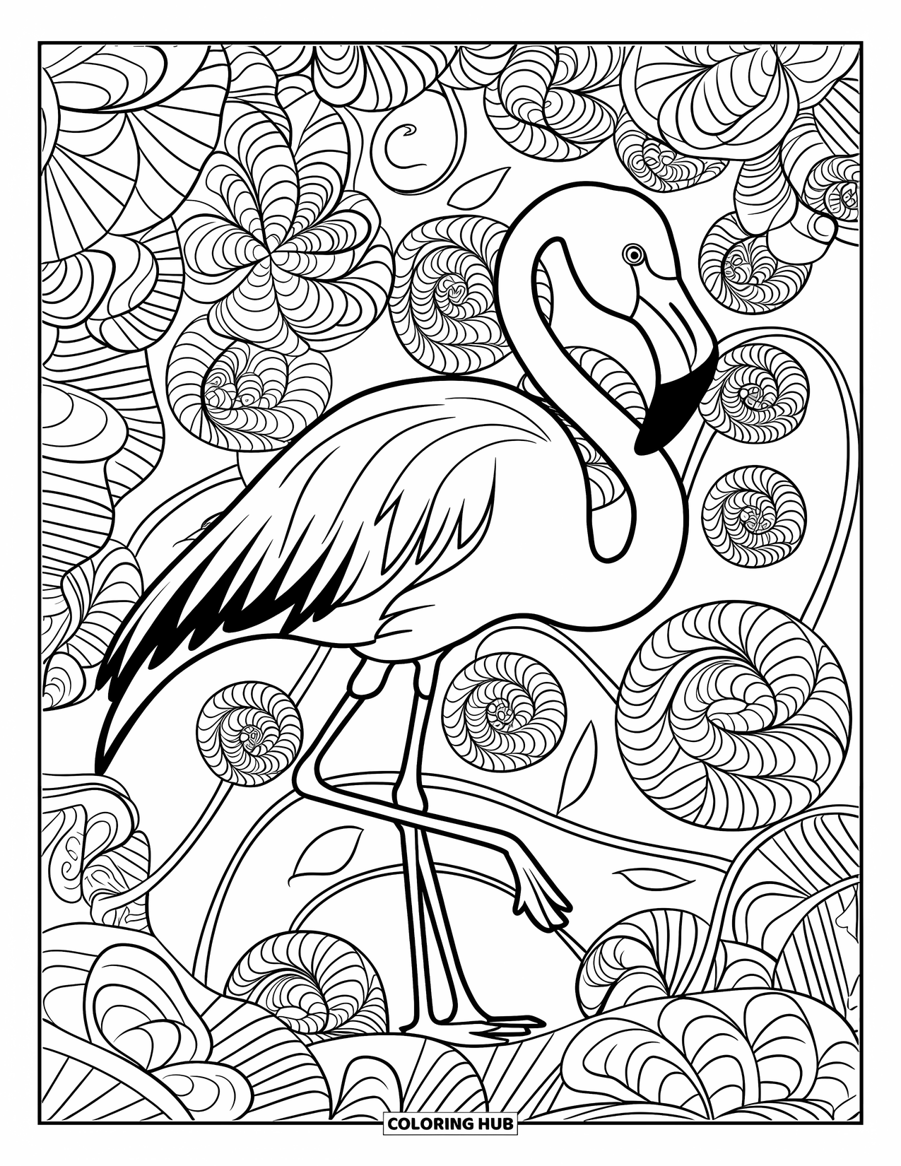 Desenho de flamingo para colorir para adultos: Um flamingo está em um jardim com padrões e flores intrincados