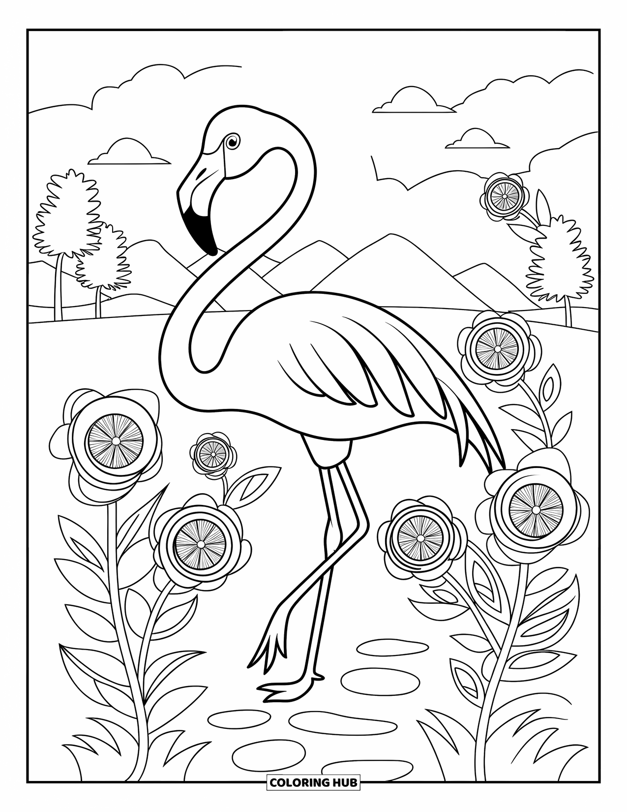 Desenho de flamingo para colorir para adultos: Um flamingo está em um jardim com flores e folhas em espiral