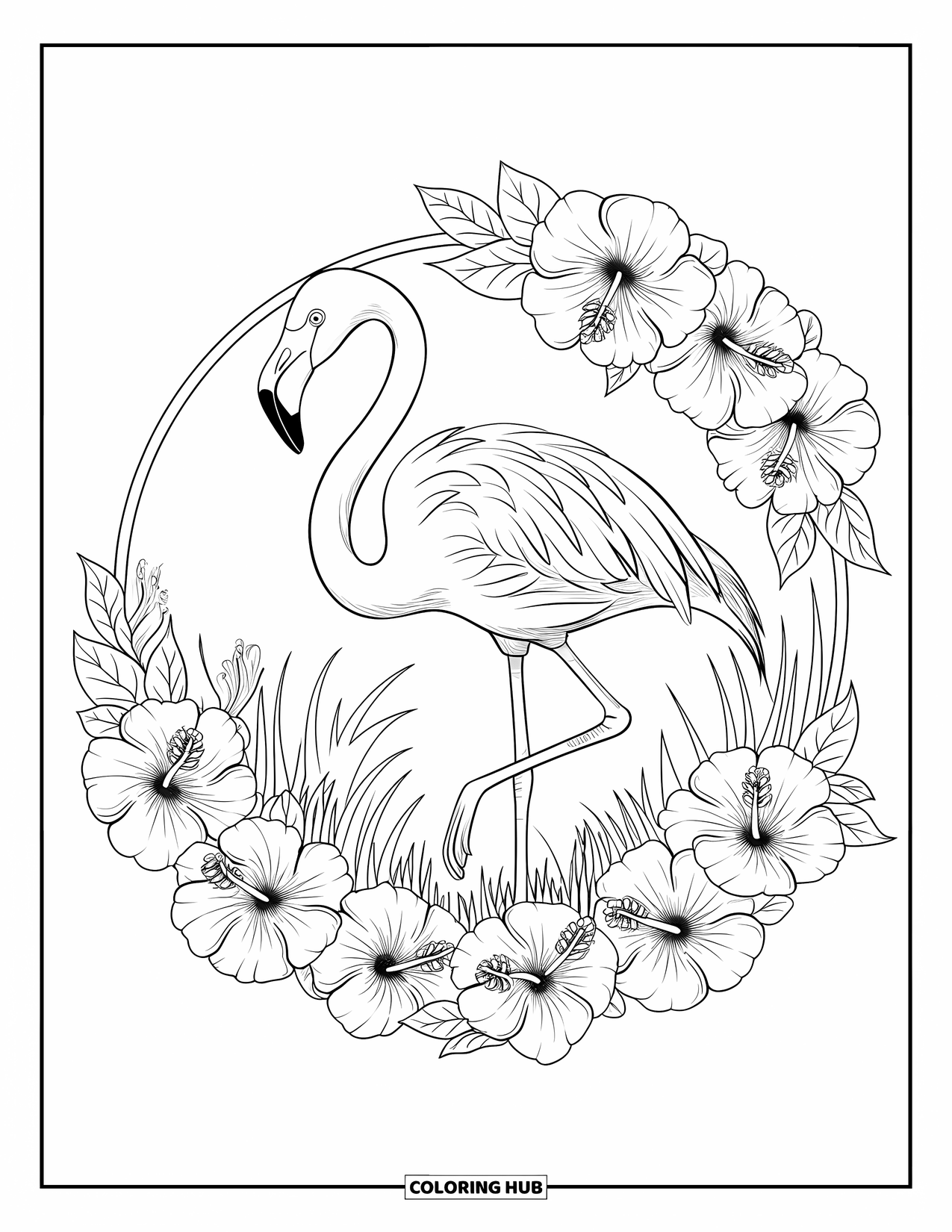 Desenho de flamingo para colorir para adultos: Um flamingo está em um campo gramado cercado por flores de hibisco