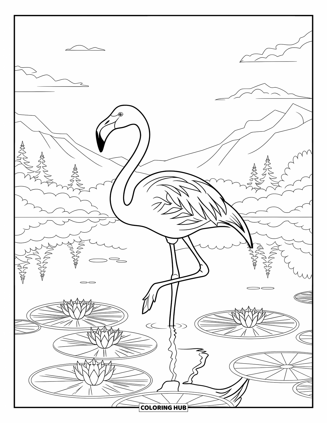 Desenho de flamingo para colorir para adultos: Um flamingo está em um lago com nenúfares e nuvens flutuantes