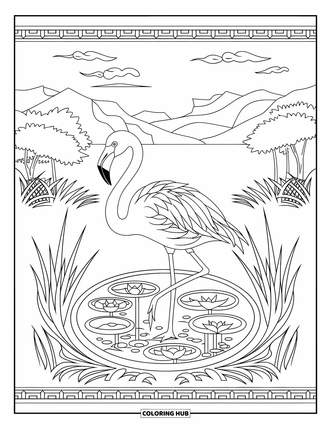 Desenho de flamingo para colorir para adultos: Um flamingo está em um lago de lótus cercado por juncos