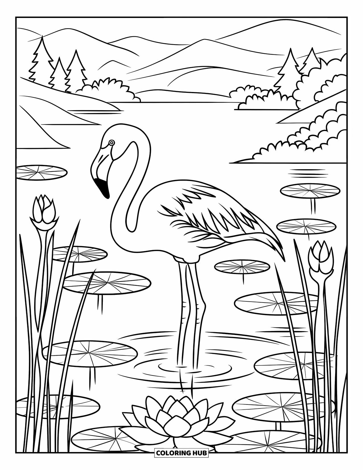 Desenho de flamingo para colorir para adultos: Um flamingo está em um lago de lótus com flores desabrochando ao redor