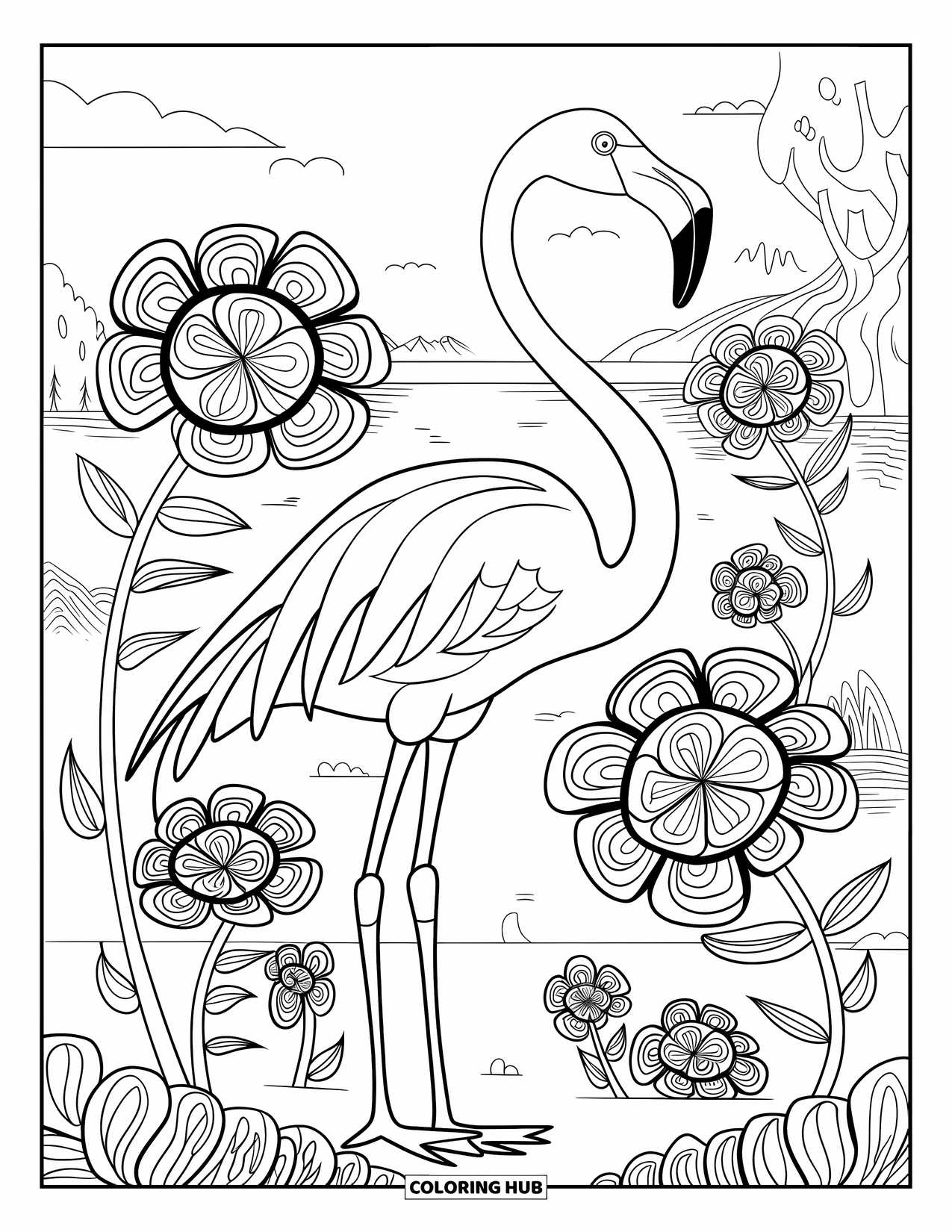 Desenho de flamingo para colorir para adultos: Um flamingo está em um jardim exuberante com flores e folhas