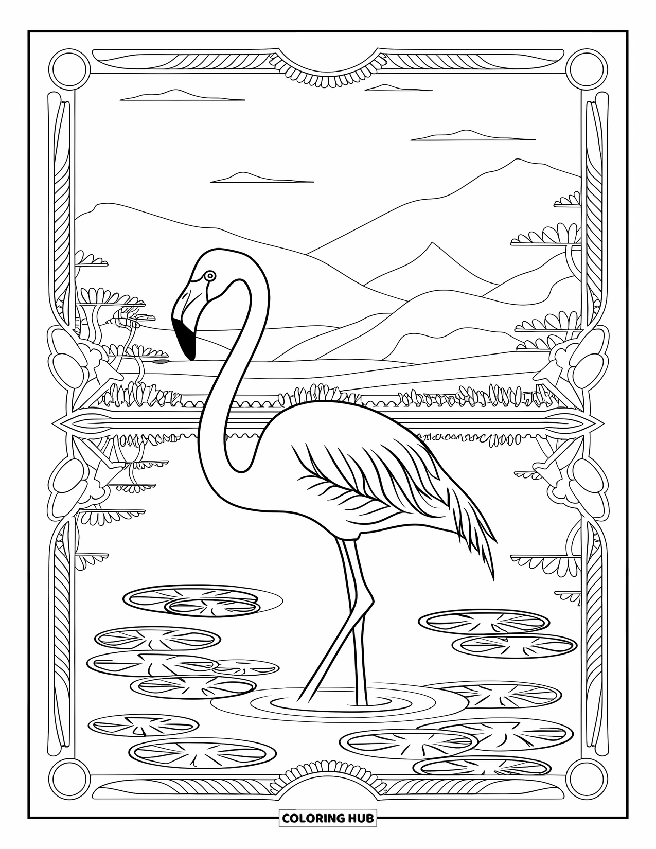 Desenho de flamingo para colorir para adultos: Um flamingo está em um lago espelhado com nenúfares