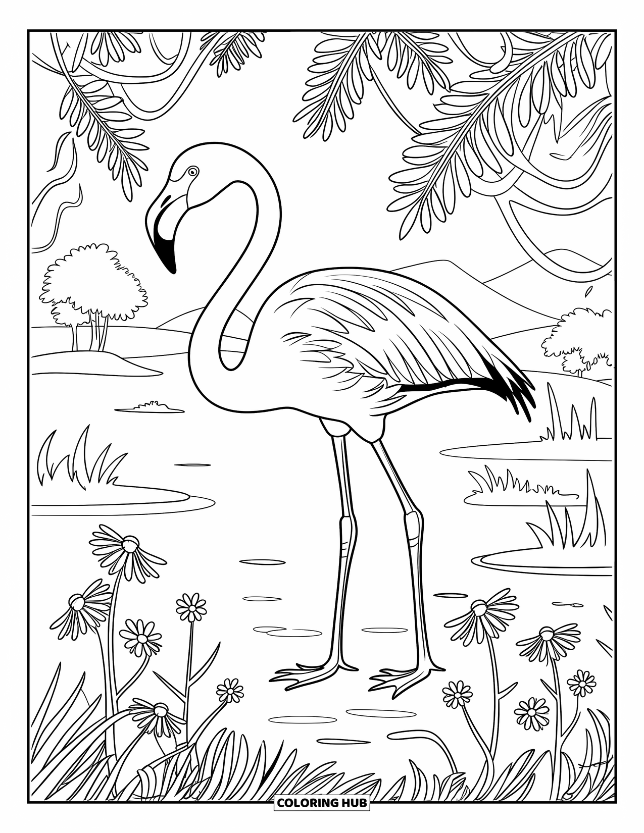Desenho de flamingo para colorir para adultos: Um flamingo está em um lago cercado por videiras e flores