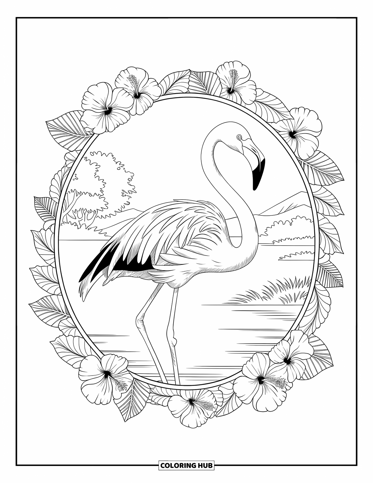 Desenho de flamingo para colorir para adultos: Um flamingo está na água, emoldurado por flores de hibisco e árvores