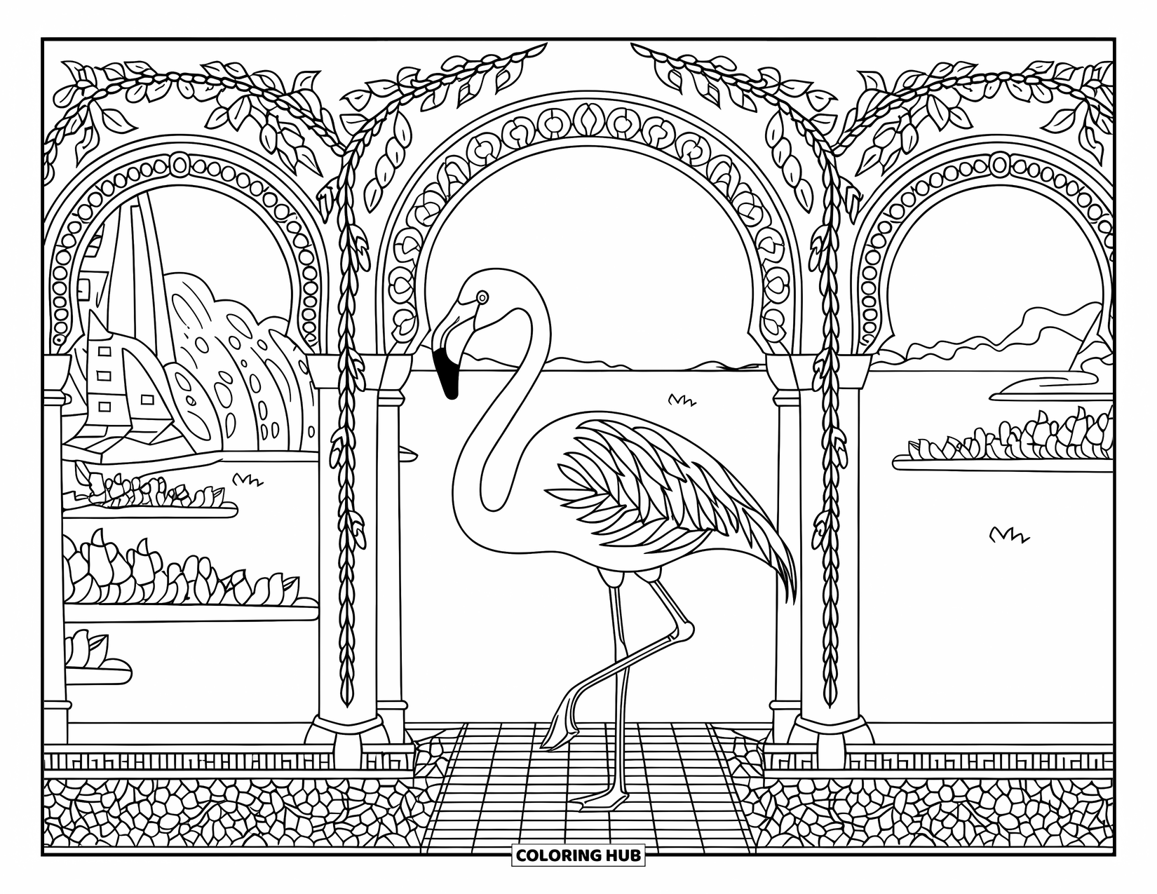 Desenho de flamingo para colorir para adultos: Um flamingo está perto de um arco intrincado com vegetação exuberante