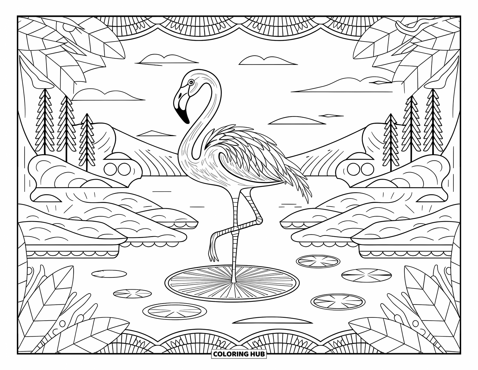 Desenho de flamingo para colorir para adultos: Um flamingo está em uma folha de nenúfar cercado por folhas e ondas