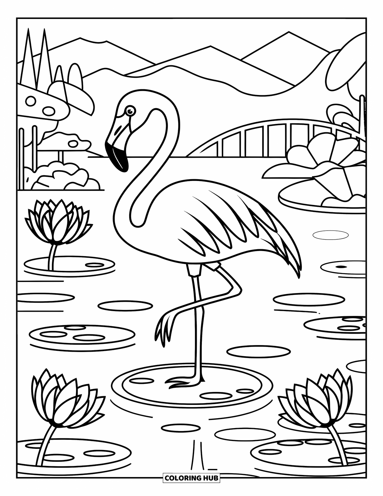 Desenho de flamingo para colorir para adultos: Um flamingo está em uma folha de nenúfar cercado por flores de lótus