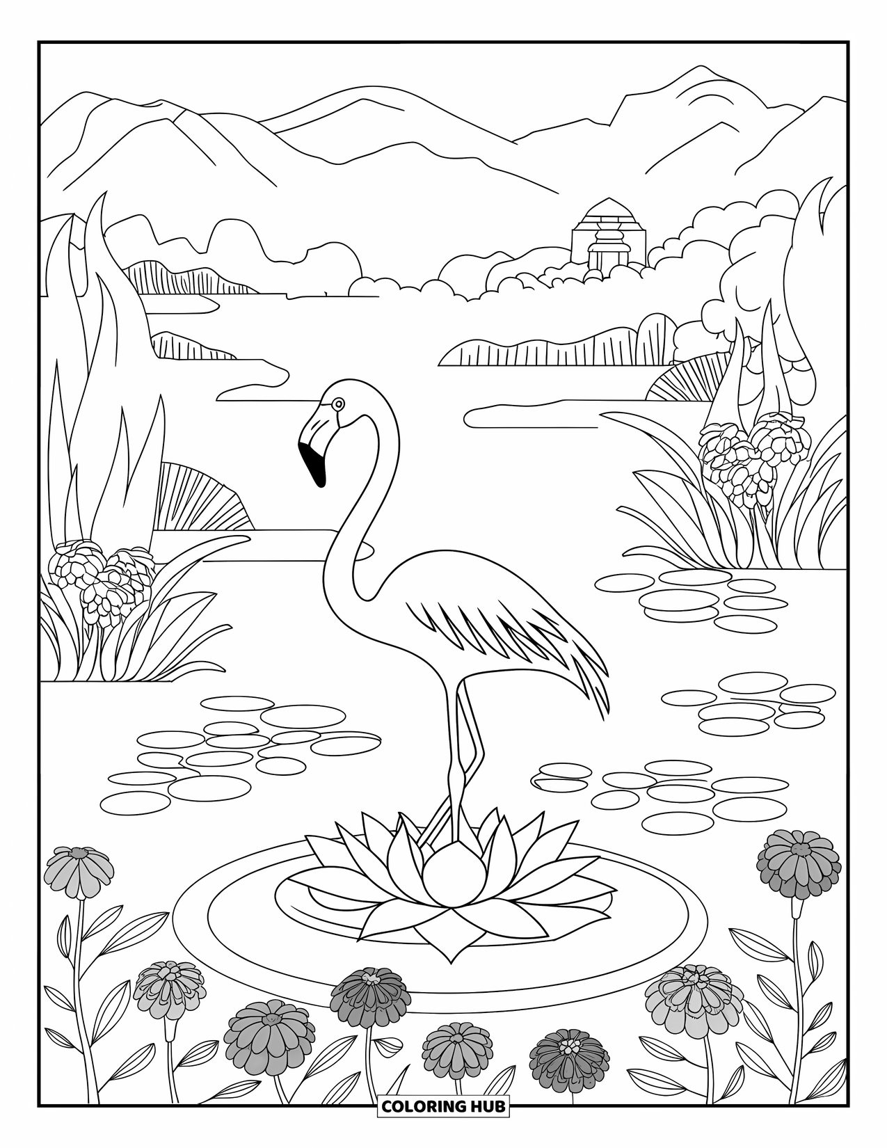 Desenho de flamingo para colorir para adultos: Um flamingo está em uma flor de lótus em um lago sereno