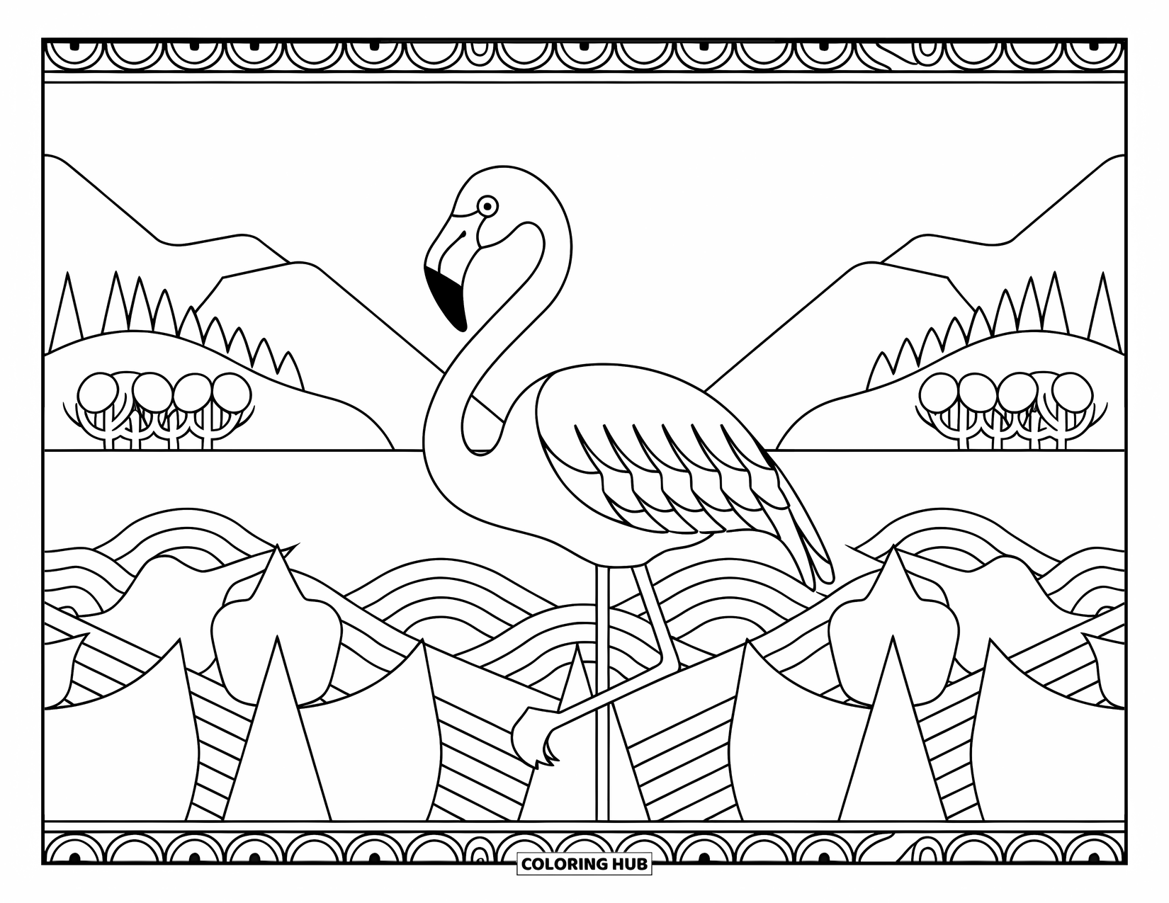 Desenho de flamingo para colorir para adultos: Um flamingo está em um padrão de folhas com montanhas e água por perto