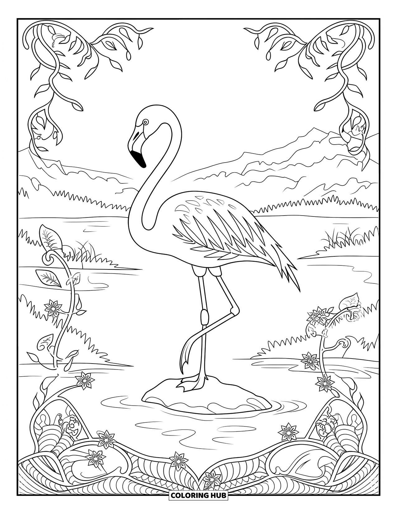 Desenho de flamingo para colorir para adultos: Um flamingo está em uma rocha em um lago com montanhas enevoadas por perto