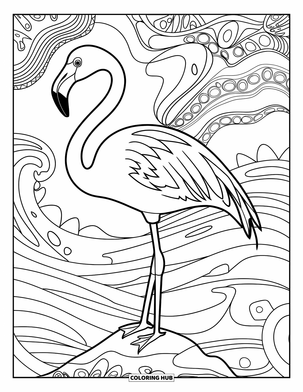 Desenho de flamingo para colorir para adultos: Um flamingo está em uma rocha cercada por padrões rodopiantes