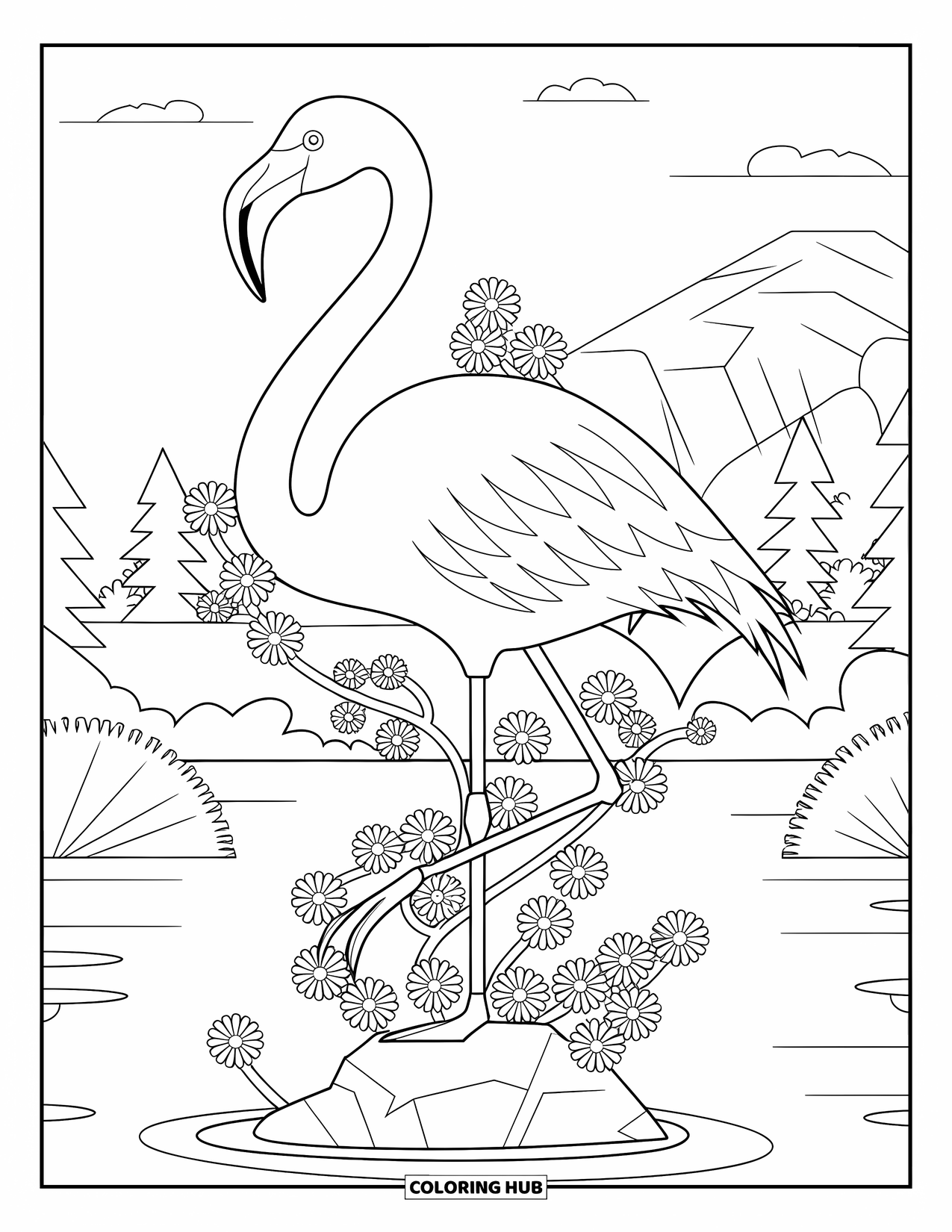 Desenho de flamingo para colorir para adultos: Um flamingo está em uma rocha cercada por videiras e flores