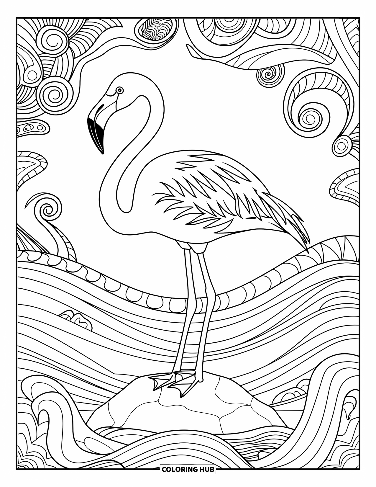 Desenho de flamingo para colorir para adultos: Um flamingo está em uma rocha com ondas rodopiantes ao redor