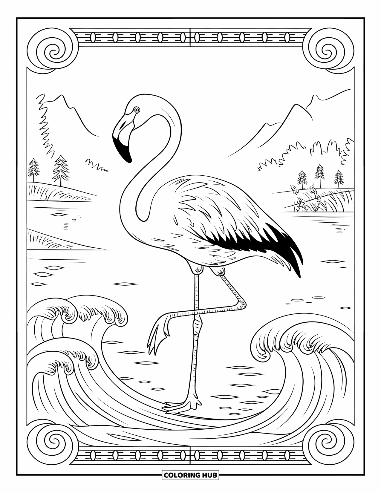 Desenho de flamingo para colorir para adultos: Um flamingo está em uma perna em meio a ondas e padrões rodopiantes