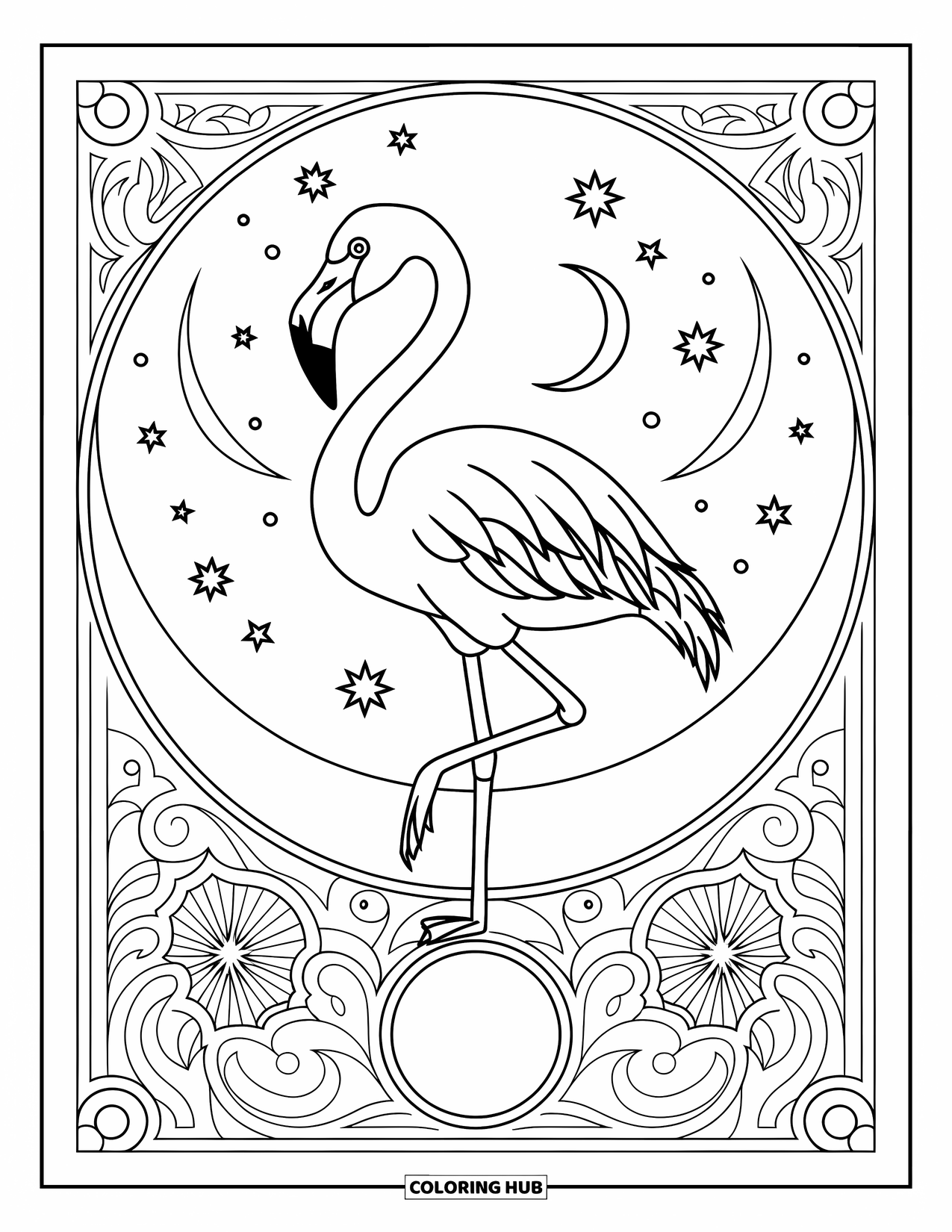 Desenho de flamingo para colorir para adultos: Um flamingo está em uma perna emoldurado por uma lua crescente e estrelas