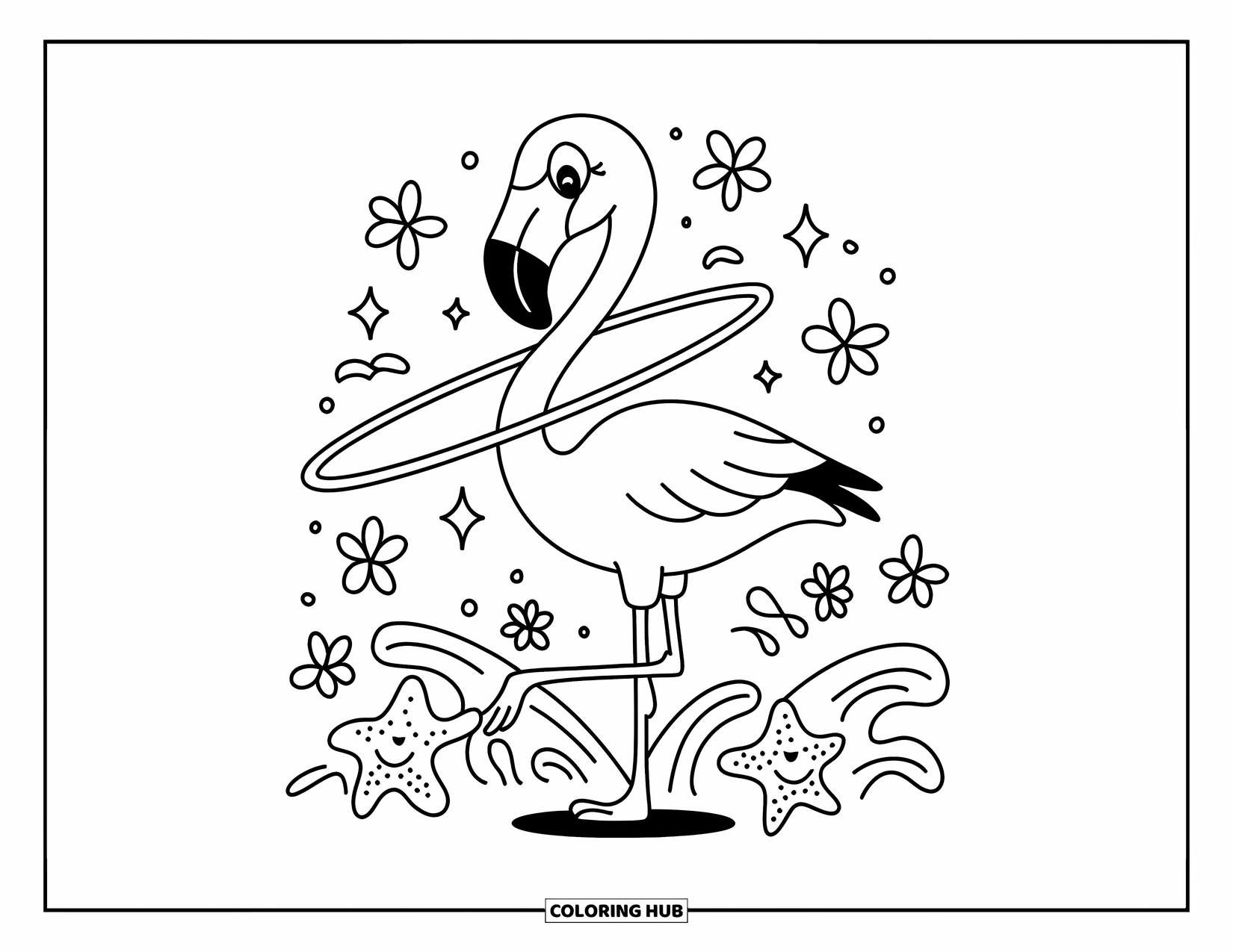 Desenho de flamingo para colorir para adultos: Um flamingo está em uma perna, brincando com um bambolê, cercado por flores e estrelas do mar