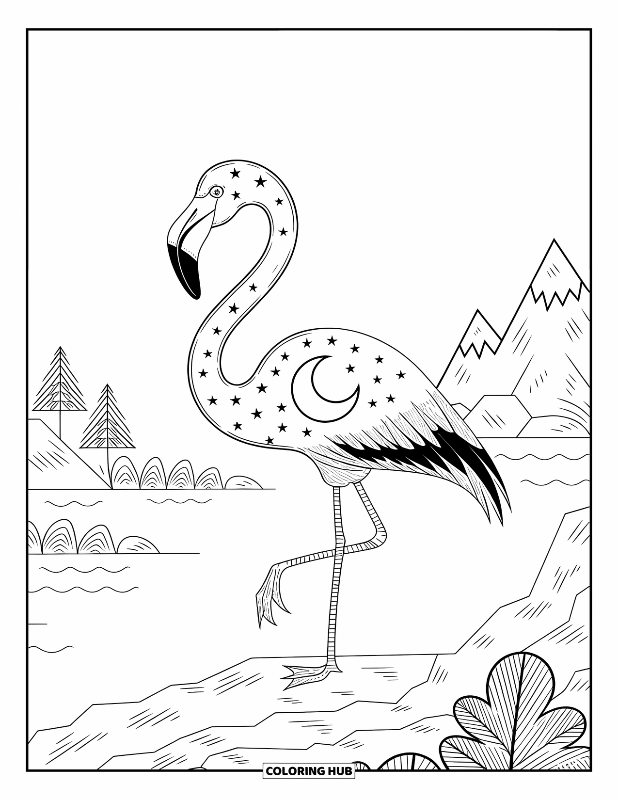 Desenho de flamingo para colorir para adultos: Um flamingo está em rochas com uma lua crescente e estrelas acima