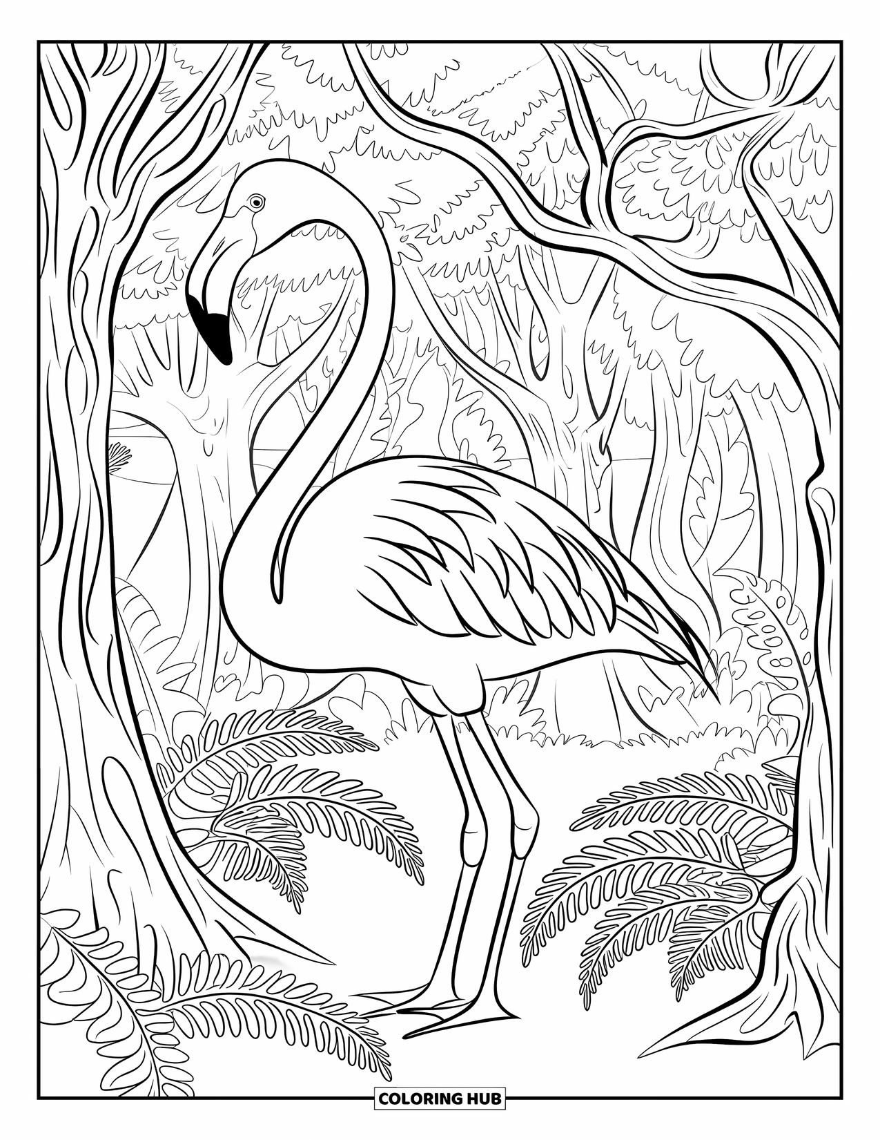 Desenho de flamingo para colorir para adultos: Um flamingo com um pescoço curvo está graciosamente em uma floresta
