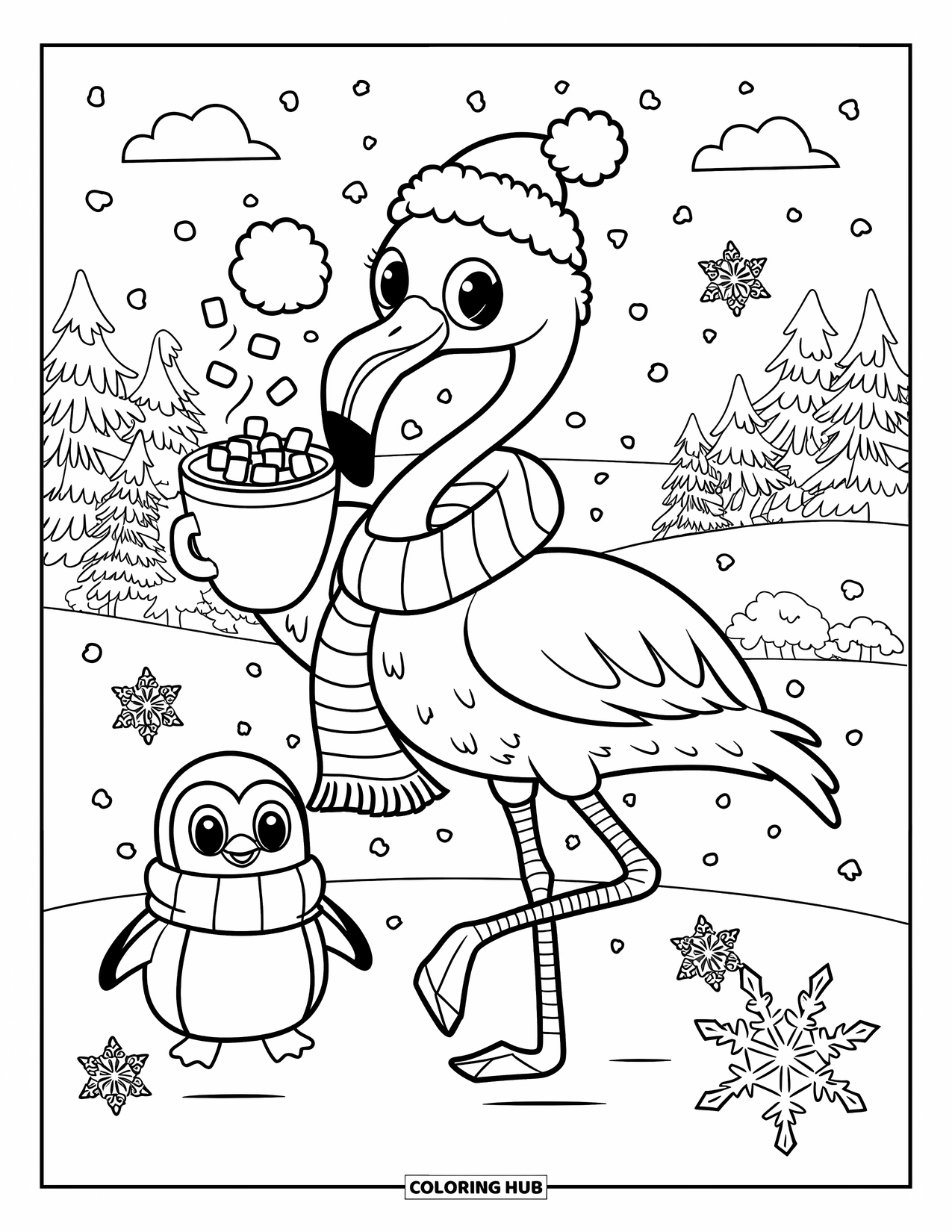 Desenho de flamingo para colorir para adultos: Um flamingo com um cachecol segura chocolate quente em um país das maravilhas de inverno com flocos de neve