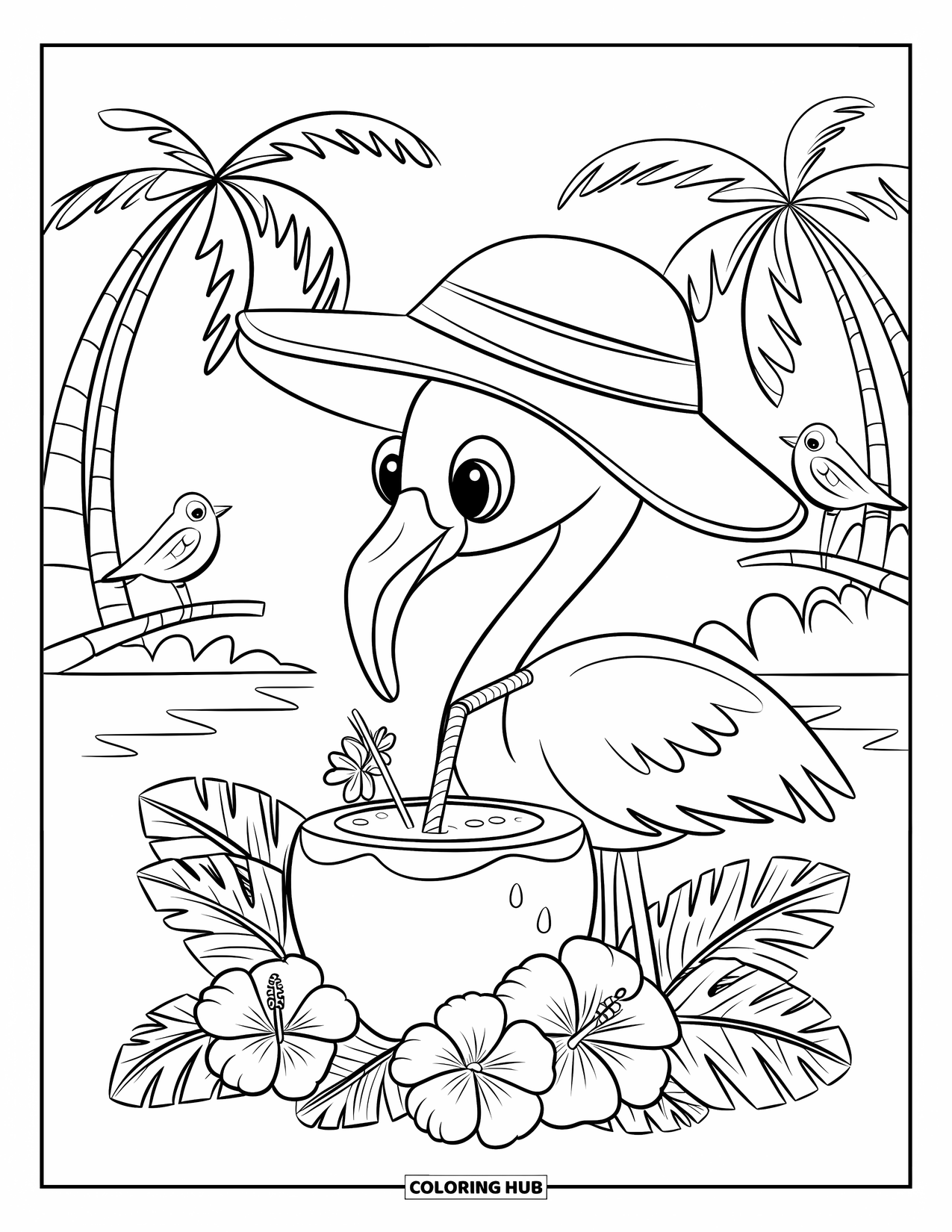 Desenho de flamingo para colorir para adultos: Um flamingo com um chapéu de sol bebe de um coco, cercado por flores e pássaros