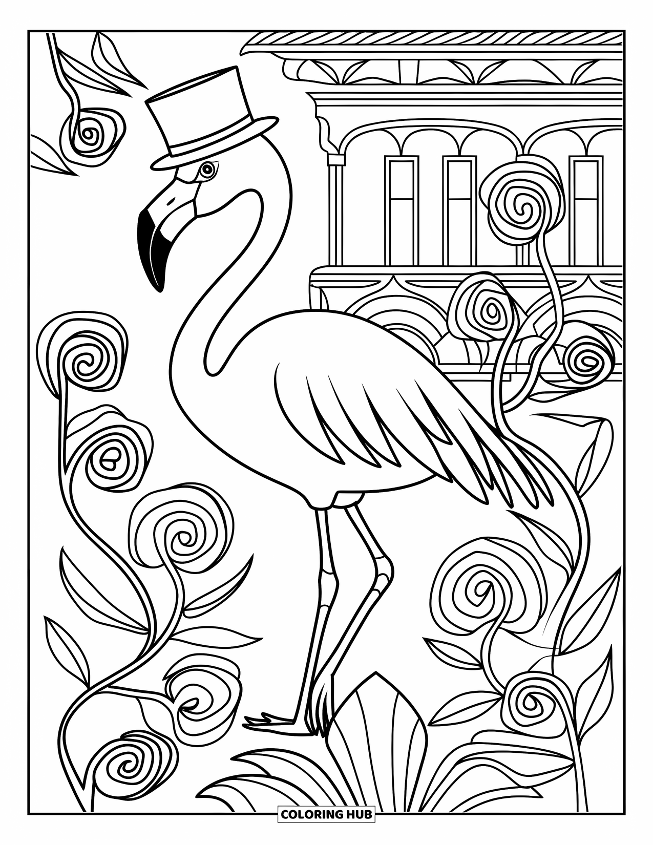 Desenho de flamingo para colorir para adultos: Um flamingo com uma cartola está perto de um edifício em estilo vintage