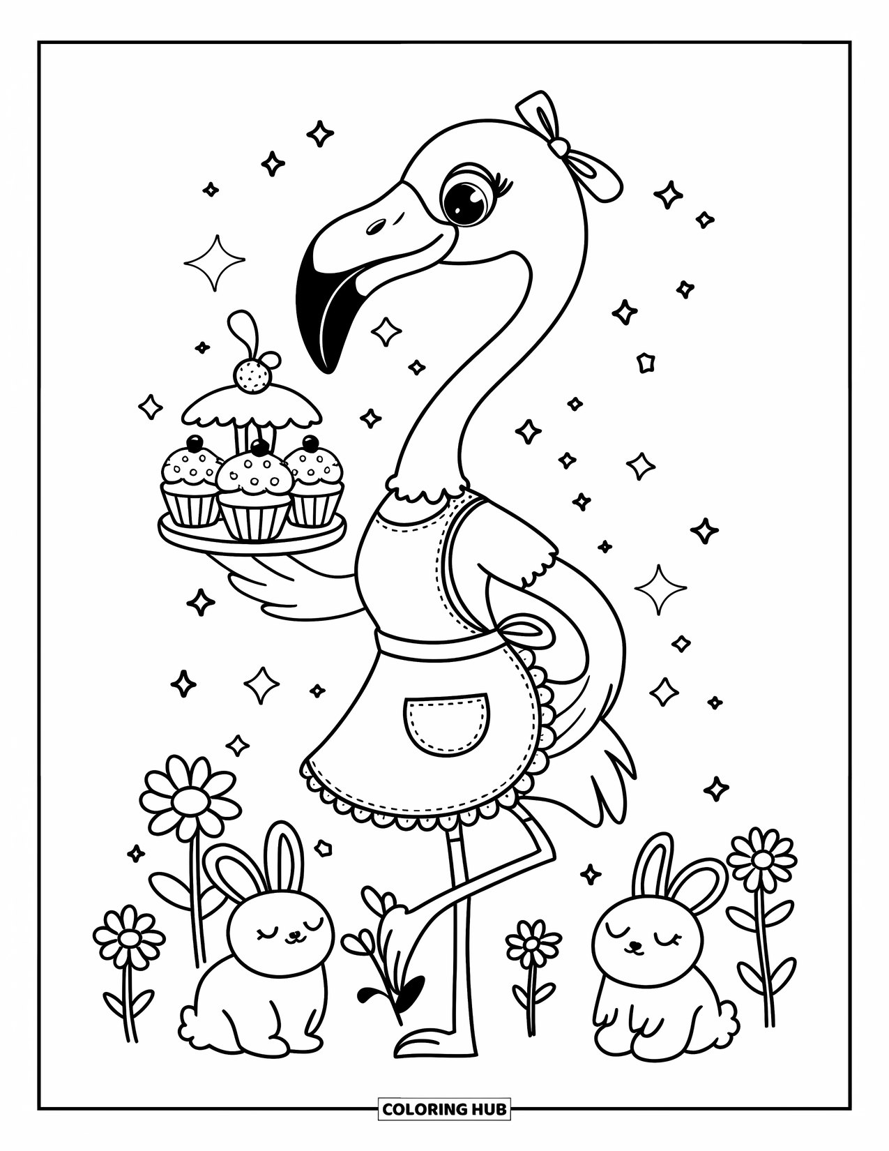Desenho de flamingo para colorir para adultos: Um flamingo com um avental segura cupcakes em um jardim, cercado por coelhinhos e flores