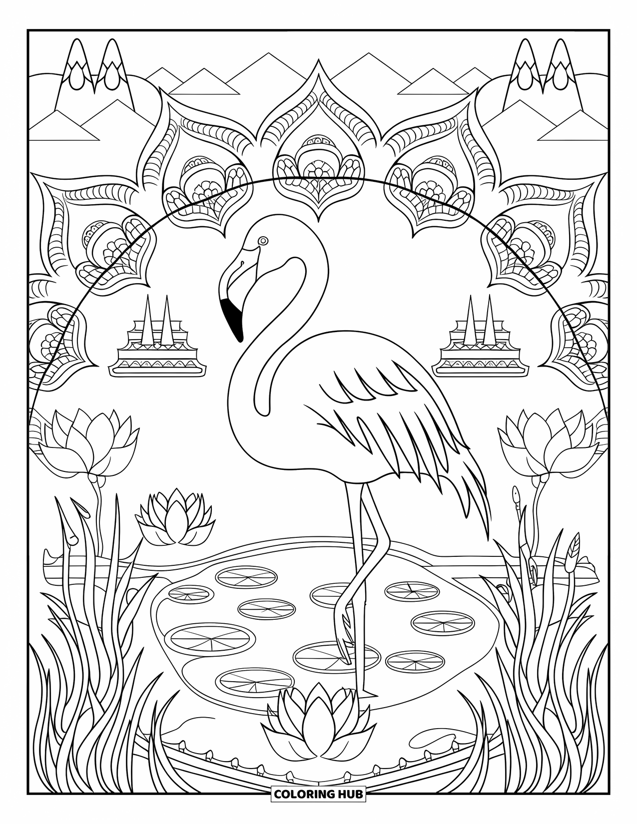 Desenho de flamingo para colorir para adultos: Um flamingo com pernas cruzadas está em um lago de lótus