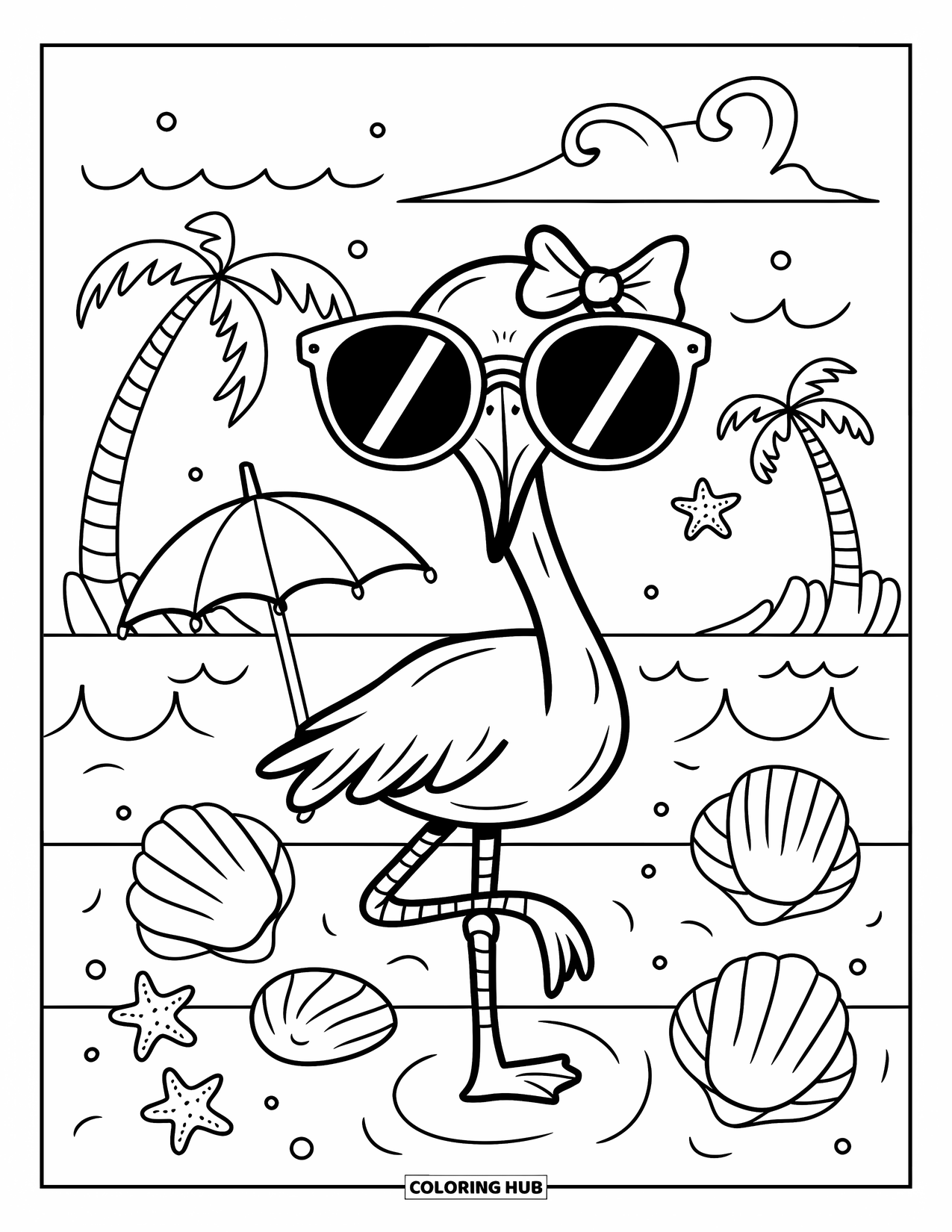 Desenho de flamingo para colorir para adultos: Um flamingo com óculos de sol grandes e um laço está em uma perna com um guarda-chuva