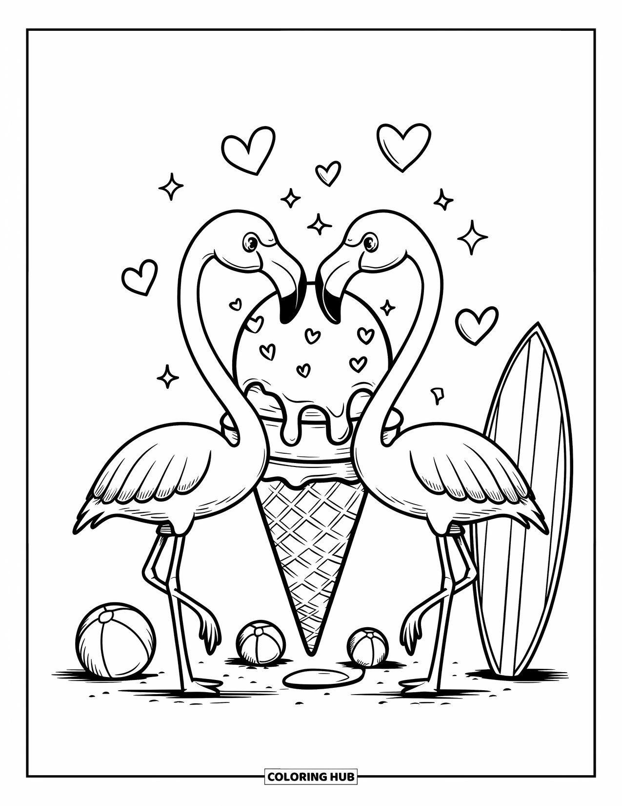 Desenho de flamingo para colorir para adultos: Um par de flamingos compartilha uma casquinha de sorvete na praia com brilhos ao redor deles