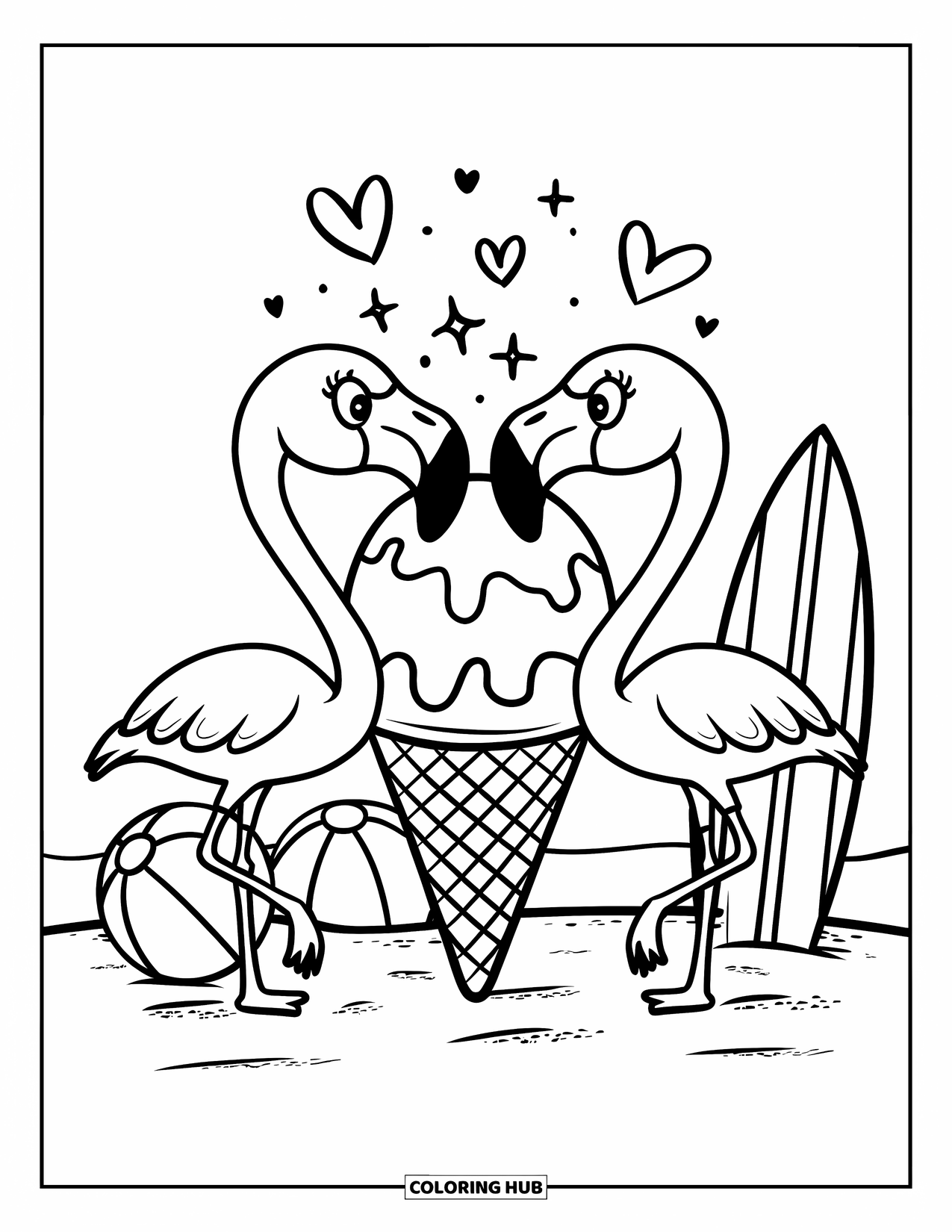 Desenho de flamingo para colorir para adultos: Um par de flamingos compartilha uma casquinha de sorvete, com corações e brilhos ao redor deles