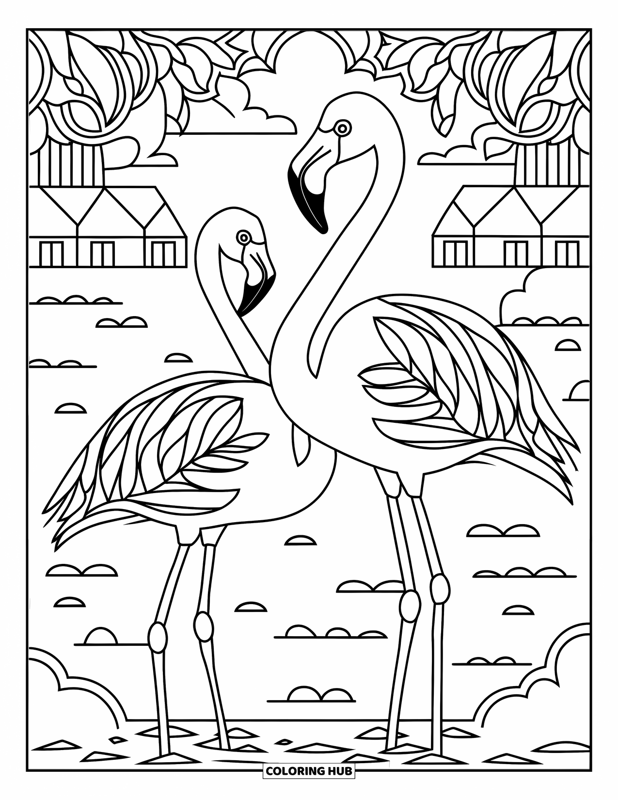 Desenho de flamingo para colorir para adultos: Flamingos em um design de mandala estão em um lago tranquilo