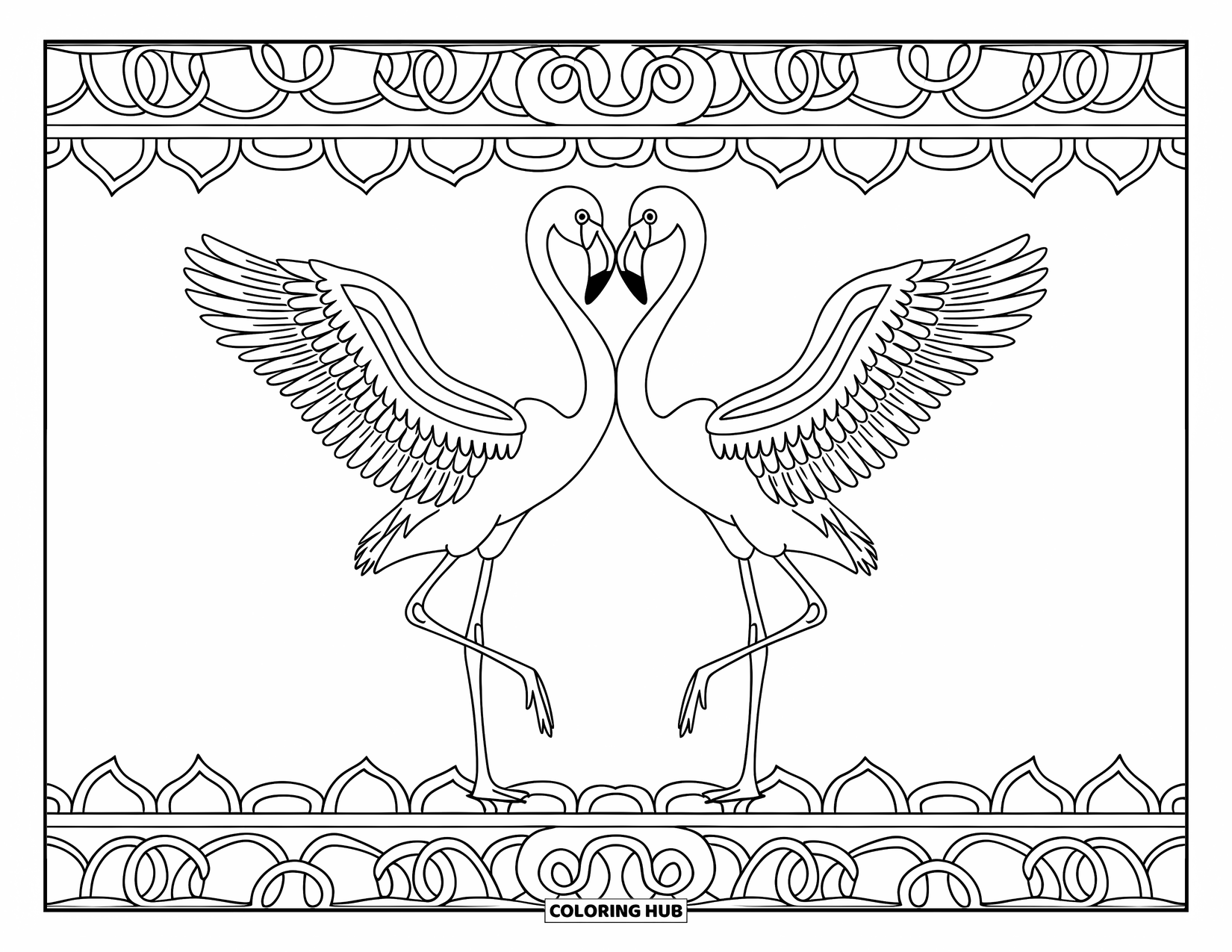 Desenho de flamingo para colorir para adultos: Flamingos estão em uma perna com padrões intrincados ao redor deles