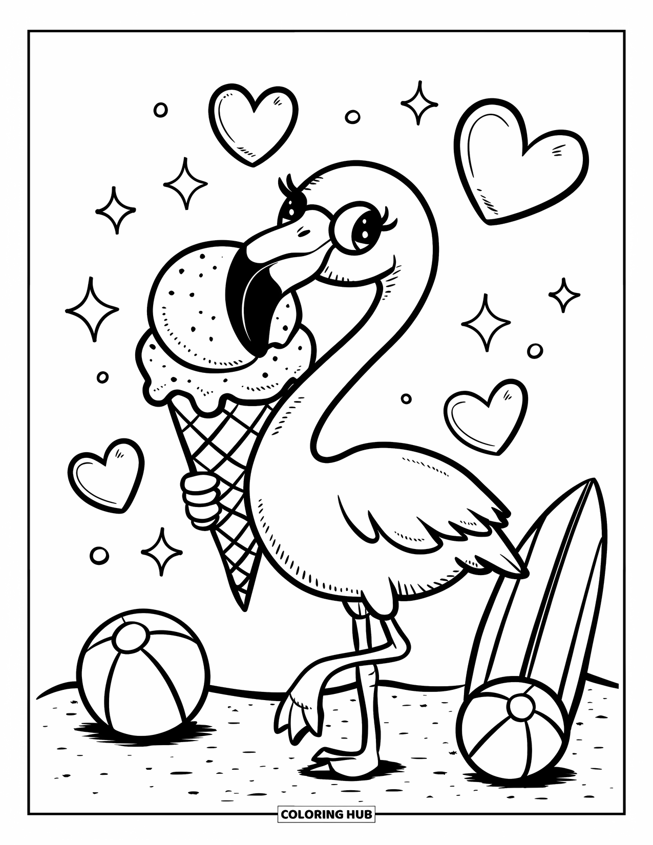 Desenho de flamingo para colorir para adultos: Dois flamingos compartilham uma casquinha de sorvete gigante, cercados por brilhos, corações e itens de praia