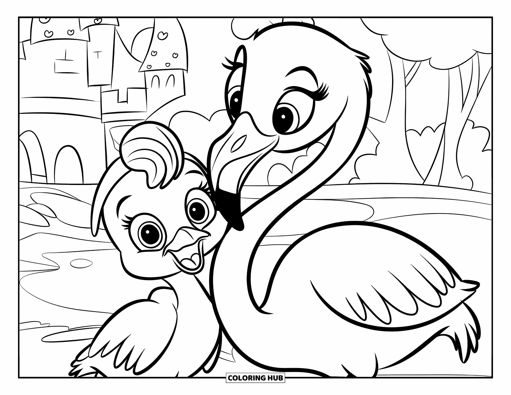 Desenho de flamingo para colorir para crianças: Um filhote de flamingo com um chapéu minúsculo está perto de seu pai sorridente perto de um castelo