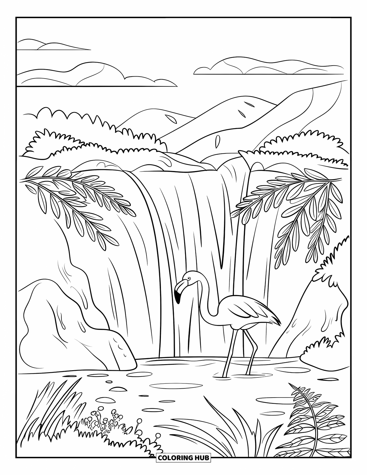 Desenho de flamingo para colorir para crianças: Um flamingo explora uma cachoeira escondida com samambaias e pedras musgosas