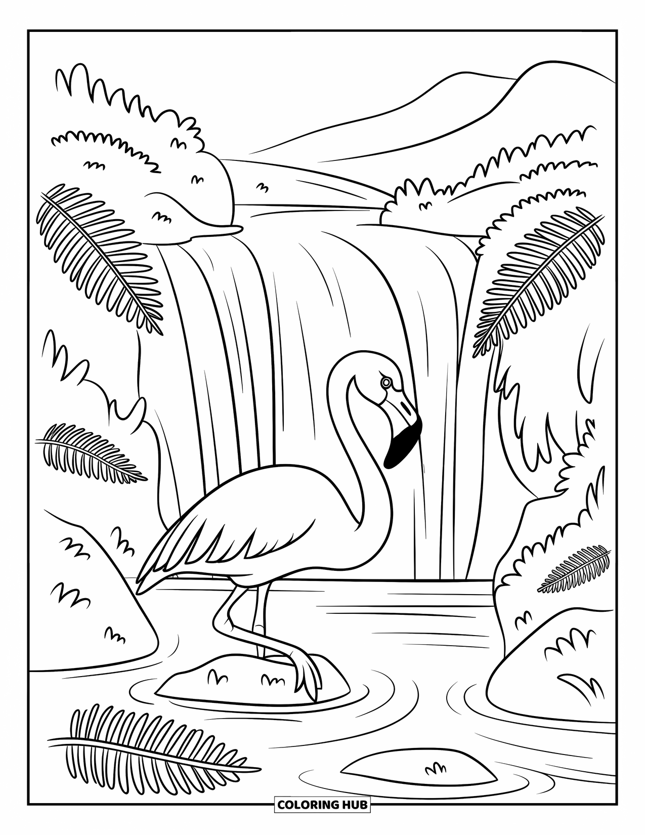 Desenho de flamingo para colorir para crianças: Um flamingo explora uma cachoeira com samambaias e rochas em uma paisagem exuberante
