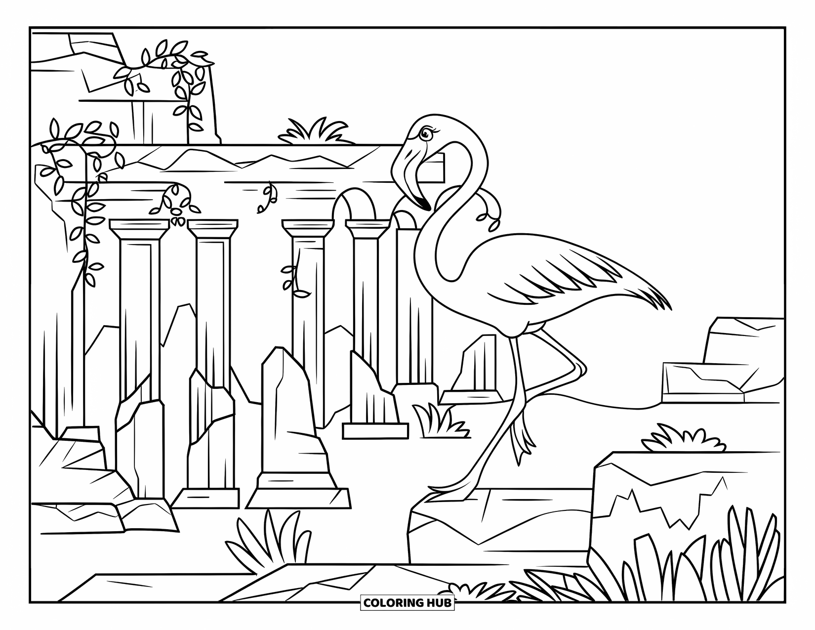 Desenho de flamingo para colorir para crianças: Um flamingo explora ruínas antigas com colunas, arcos e vinhas