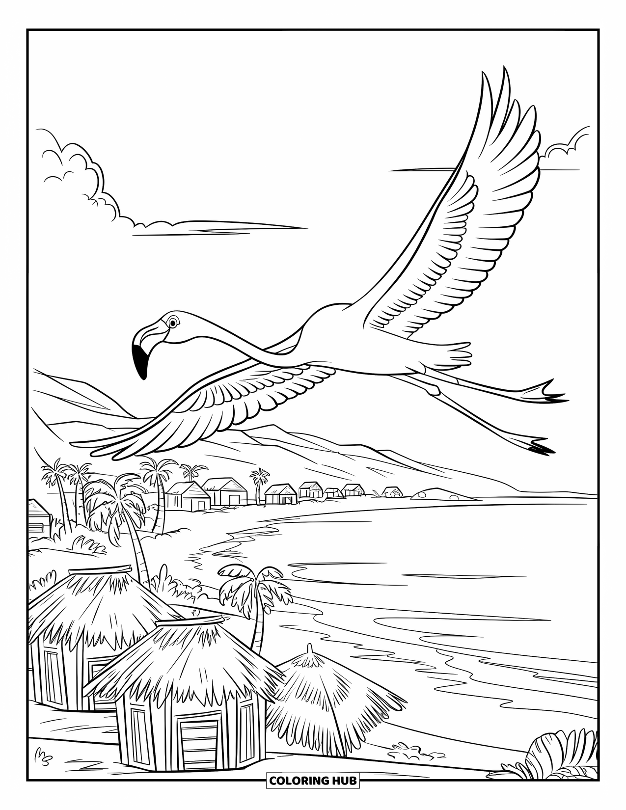 Desenho de flamingo para colorir para crianças: Um flamingo voa acima de uma vila costeira com cabanas e palmeiras