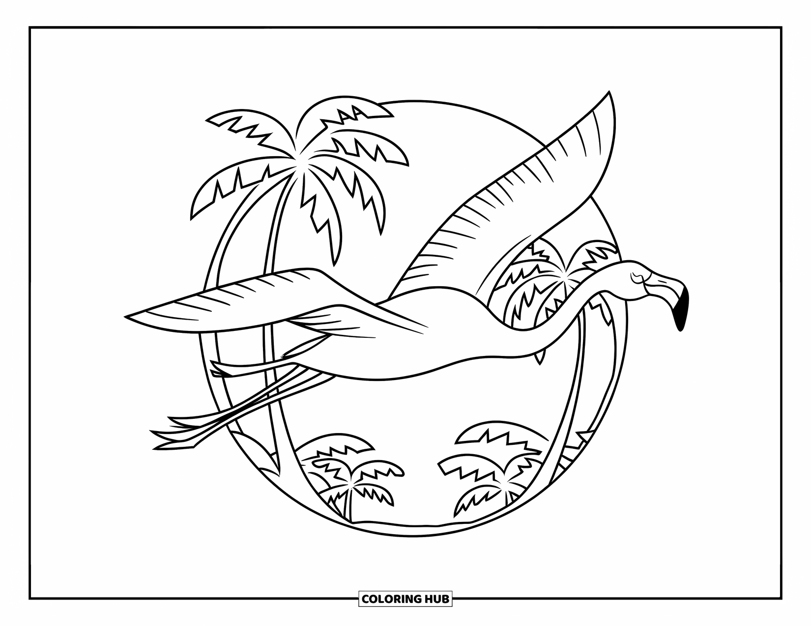 Desenho de flamingo para colorir para crianças: Um flamingo voa acima de uma floresta tropical com palmeiras abaixo