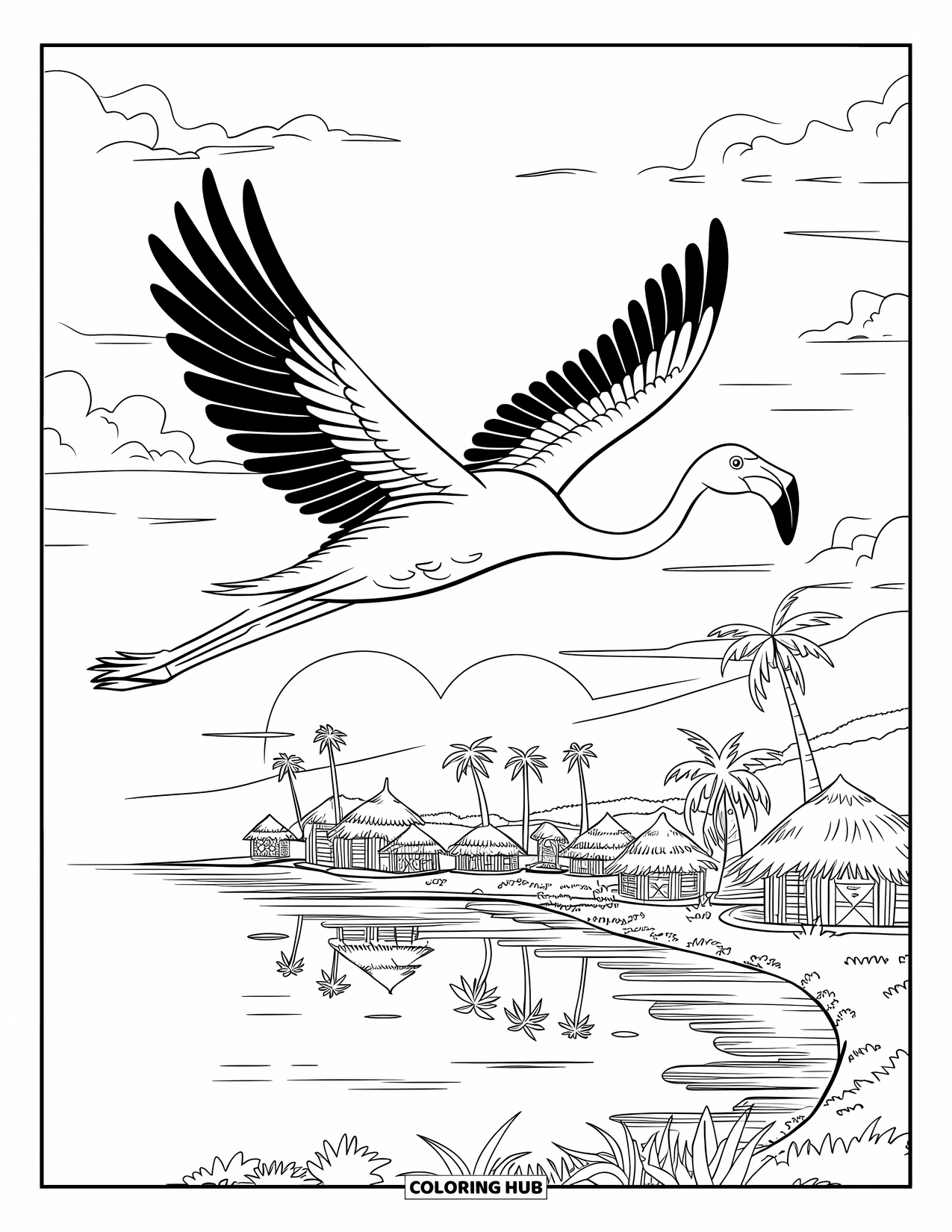 Desenho de flamingo para colorir para crianças: Um flamingo voa acima de uma vila à beira-mar com palmeiras e um pôr do sol