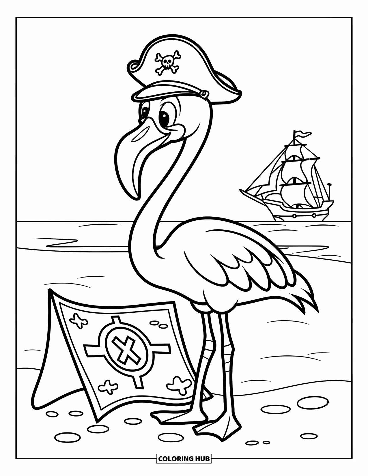 Desenho de flamingo para colorir para crianças: Um flamingo com um chapéu de capitão está perto de um mapa do tesouro na costa