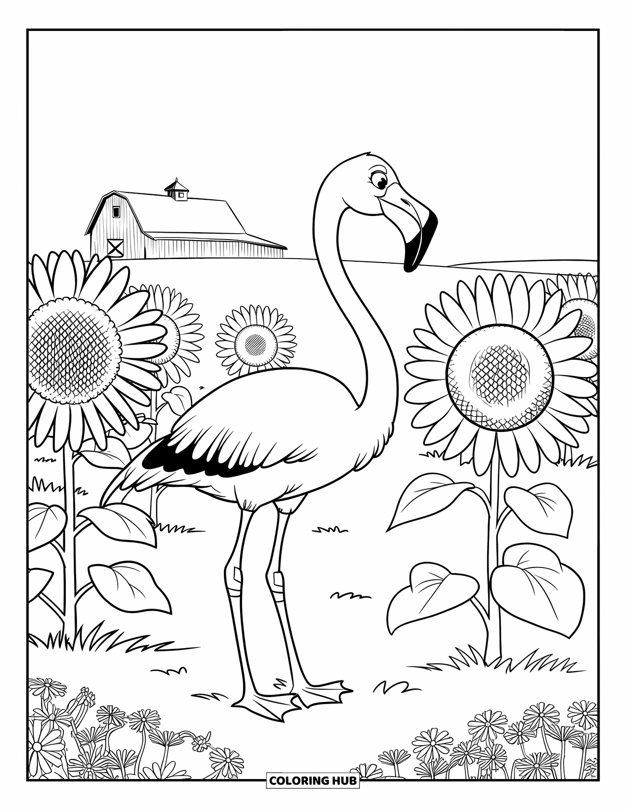 Desenho de flamingo para colorir para crianças: Um flamingo em um campo de girassóis está perto de um celeiro simples