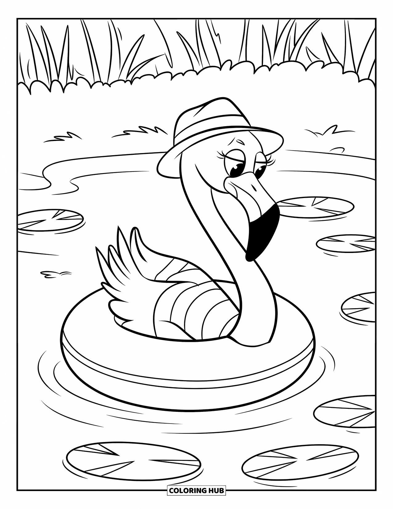 Desenho de flamingo para colorir para crianças: Um flamingo em uma boia e chapéu flutua em um lago perto de uma floresta