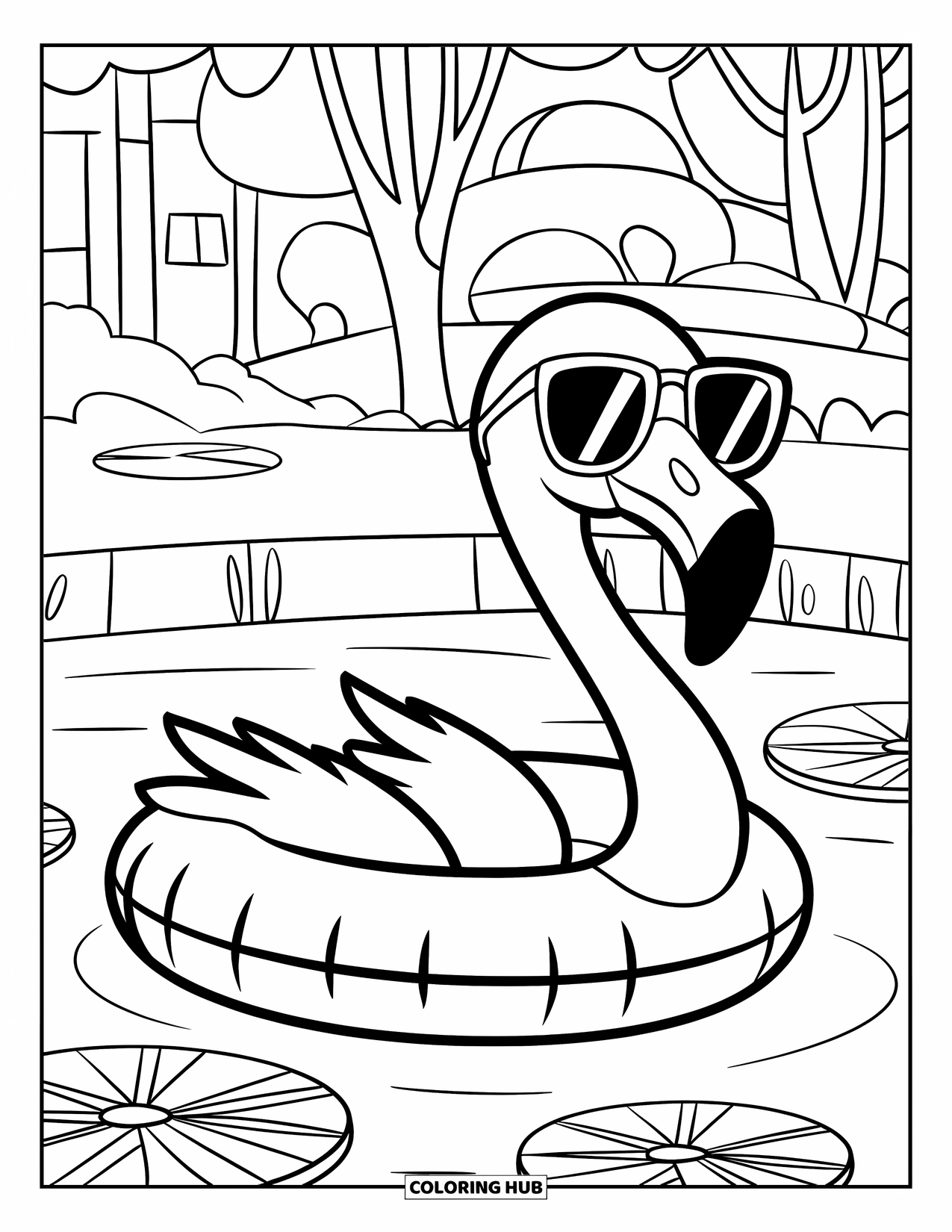 Desenho de flamingo para colorir para crianças: Um flamingo em uma boia flutua em um lago com nenúfares ao redor