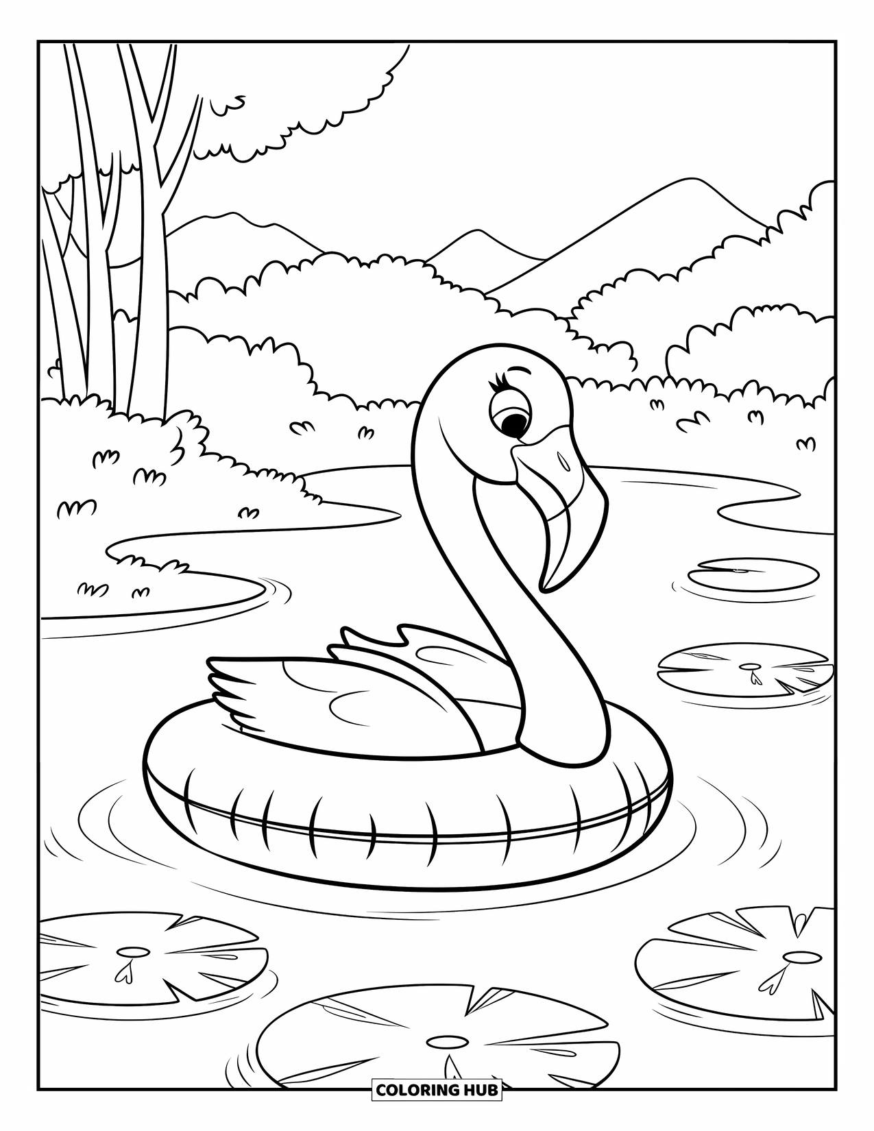 Desenho de flamingo para colorir para crianças: Um flamingo em uma boia flutua em um lago com árvores e montanhas por perto