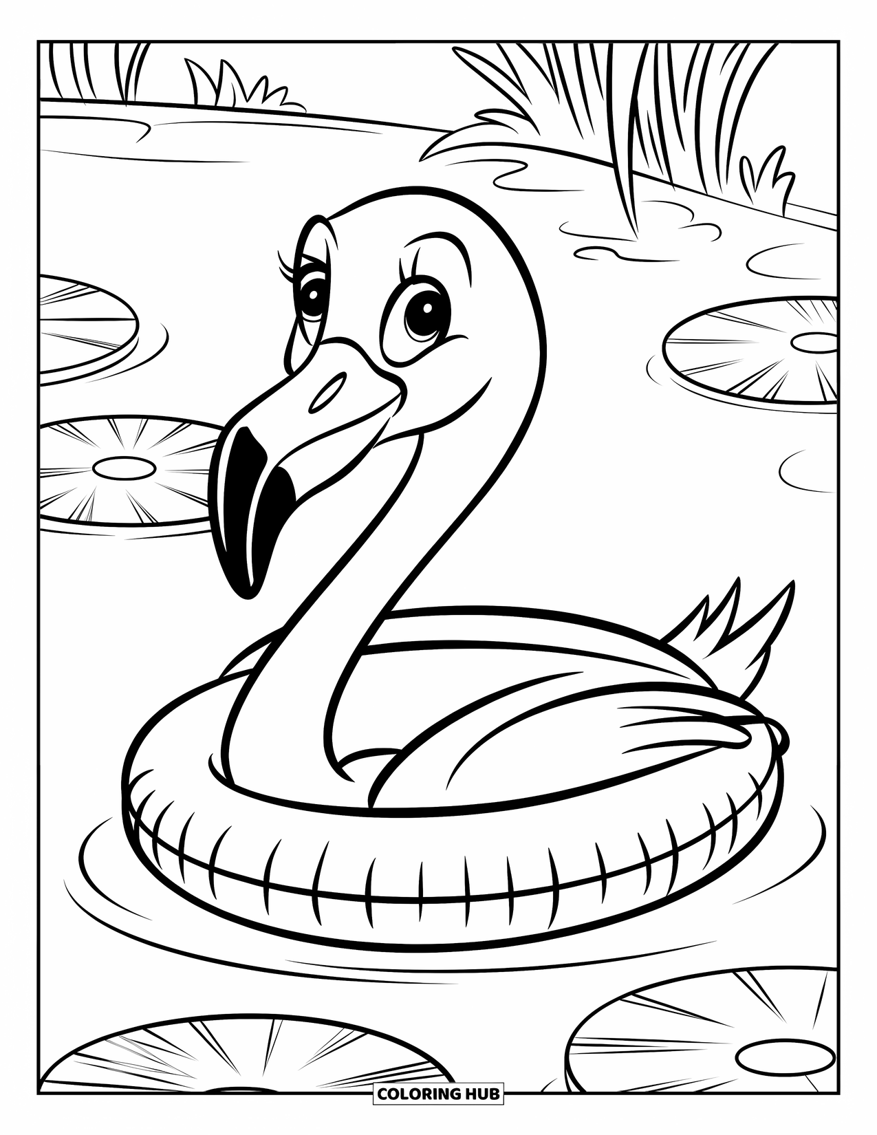 Desenho de flamingo para colorir para crianças: Um flamingo em uma boia está sentado em um nenúfar em um lago